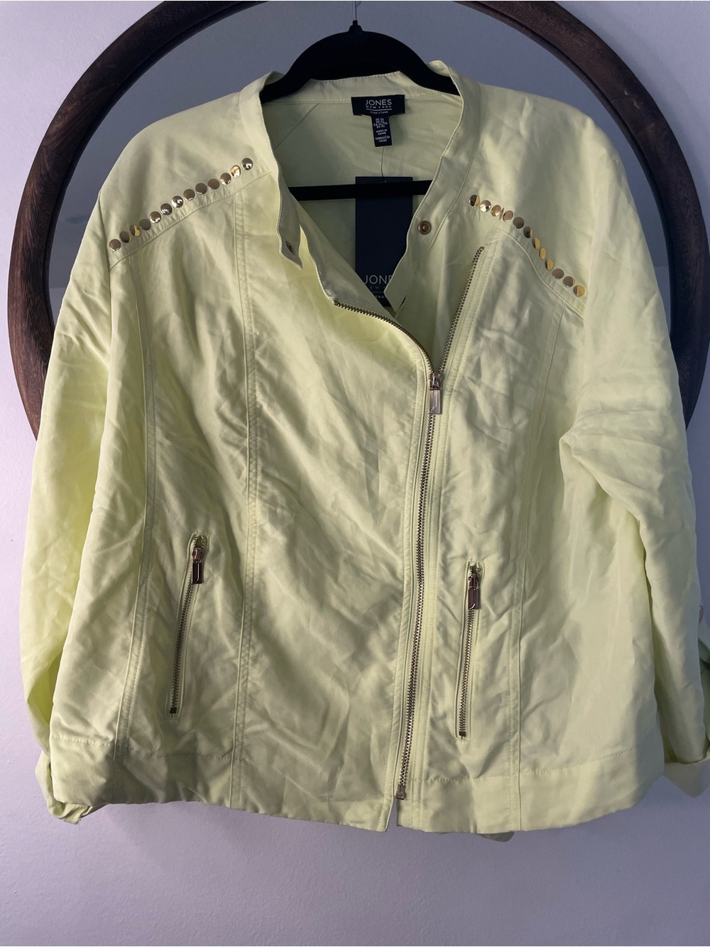 Jones New York Light Yellow Zip-Front Jacket with Gold Studs